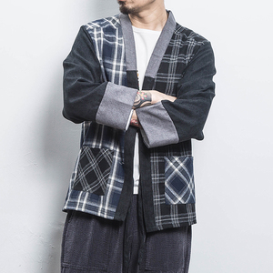 白墙 夏装风拼接撞色格子开衫汉服T恤男A032/1822/特P40图片