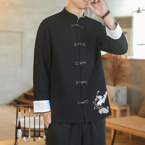 咖啡厅 风春装男士衣脚鹤刺绣长袖衬衫黑色  A032/C25/65控78图片