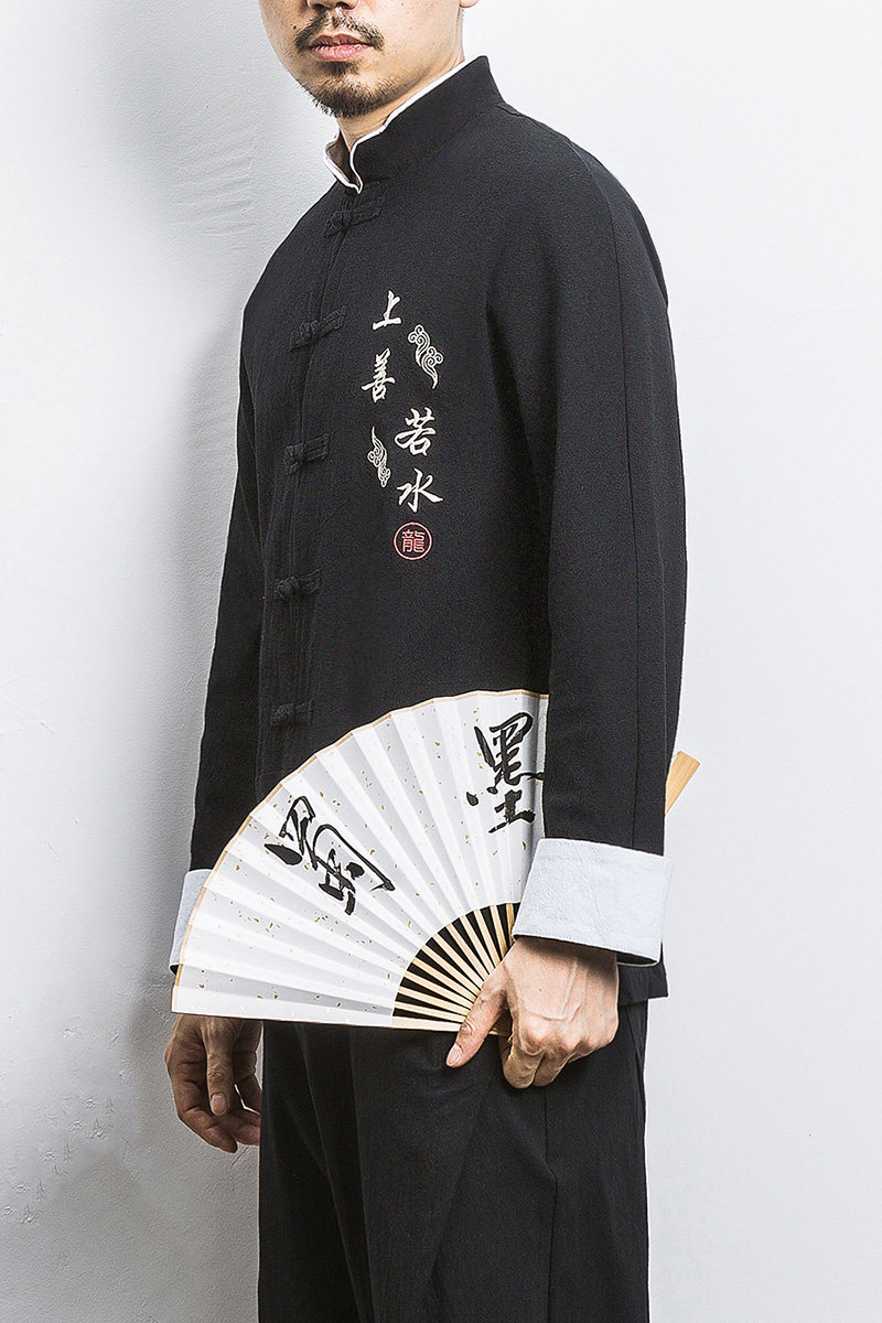 白墙风春装男士上善若水刺绣长袖衬衫黑色A032/C21/55控68,男装衬衫,电商A032