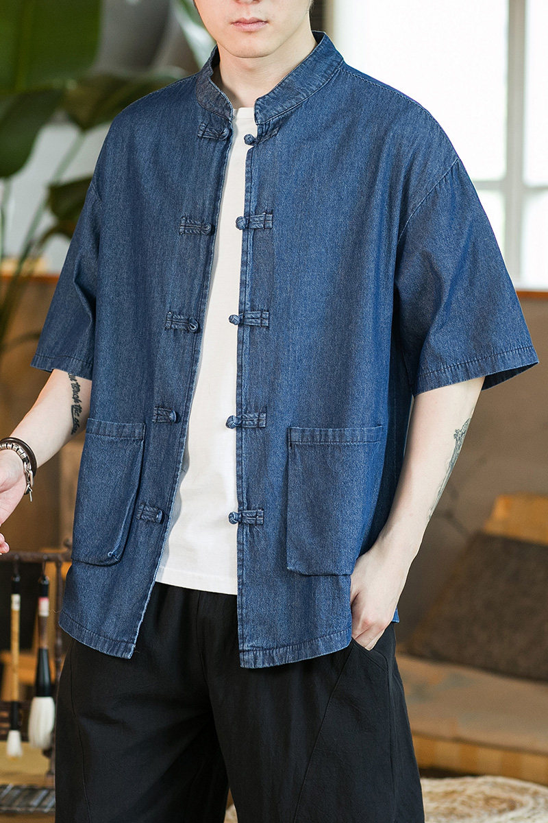 咖啡厅深蓝2023新款夏季男士复古牛仔大码风衬衫A032/C71/65,男装衬衫,电商A032