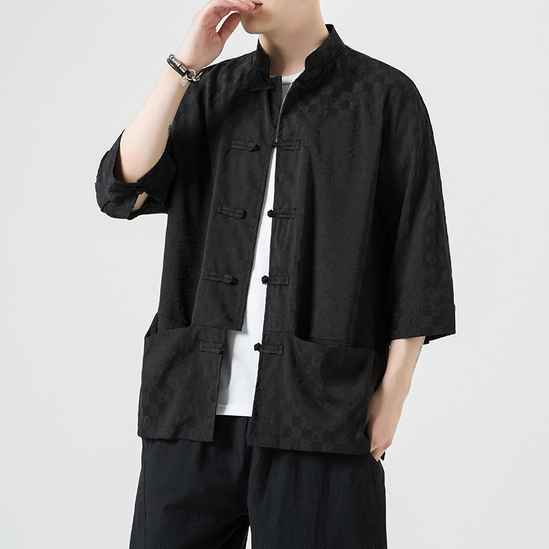 无影墙黑色2024新款夏季男士复古冰丝大码风衬衫A032/C70/75,男装衬衫,电商A032