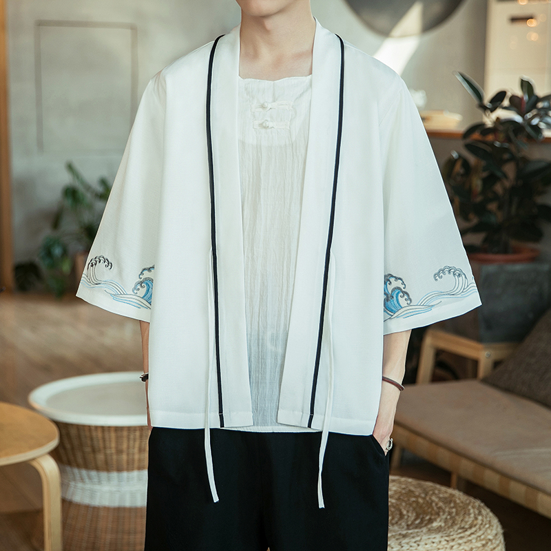 咖啡厅风海浪刺绣七分袖开衫汉服防晒衣白色A032/2207/50控68，男装衬衫，电商A032