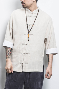 白墙风夏装 男士七分袖衬衫棉麻短袖衬衣麻本A032/C66/55控68图片