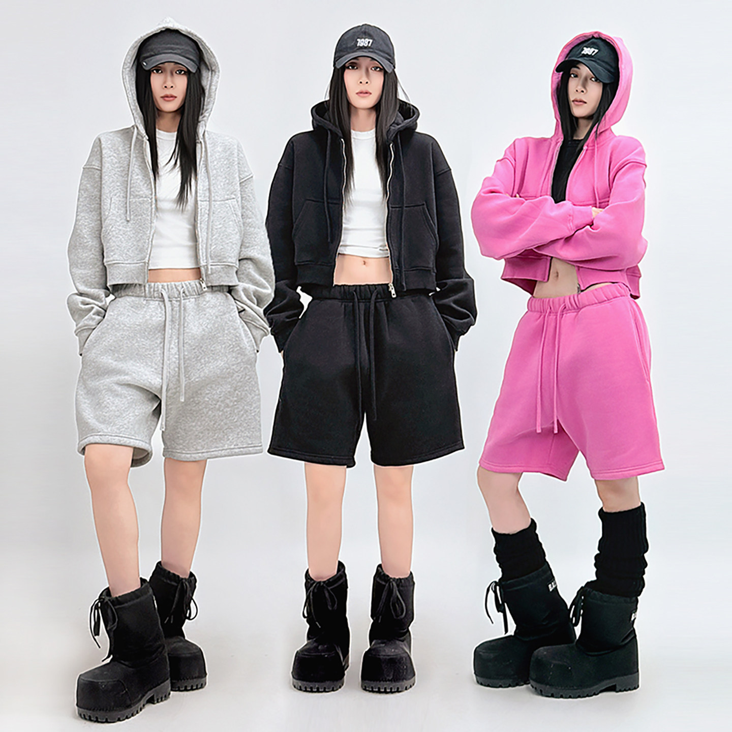 SUN90 美式潮酷拉链卫衣五分裤懒人套装女宽松休闲运动加绒两件套,女装/女士精品,时尚套装,淘宝优惠券,粉丝福利购,淘宝优惠卷