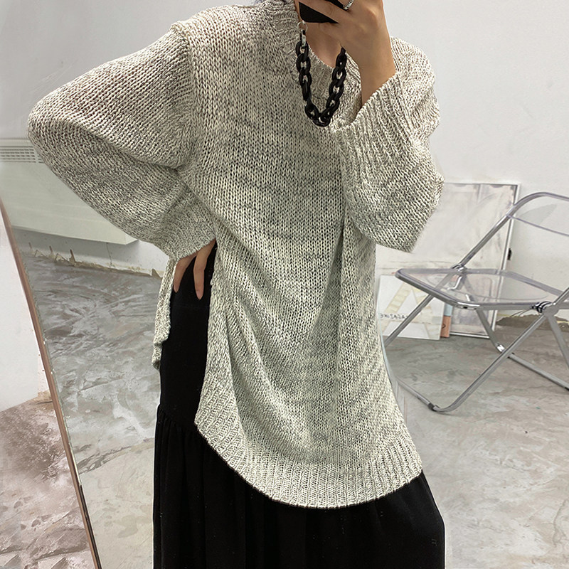 2022春杂色中长款慵懒风线衣长袖ins博主针织花色宽松套头上衣