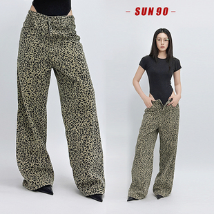 女宽松直筒休闲拖地长裤 街头复古豹纹vibe风穿搭牛仔裤 美式 SUN90