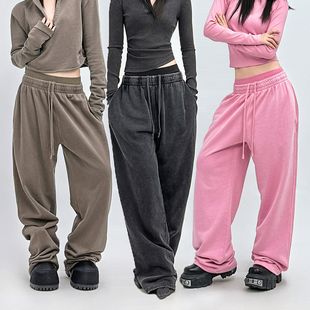 直筒阔腿长裤 SUN90 女宽松运动裤 复古街头风粉色双腰纯棉卫裤 美式