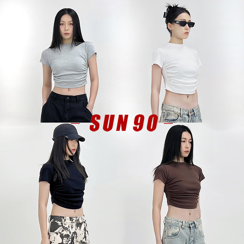 SUN90美式复古纯棉短款小T恤女甜酷风抽褶收腰显瘦遮肉修身小上衣