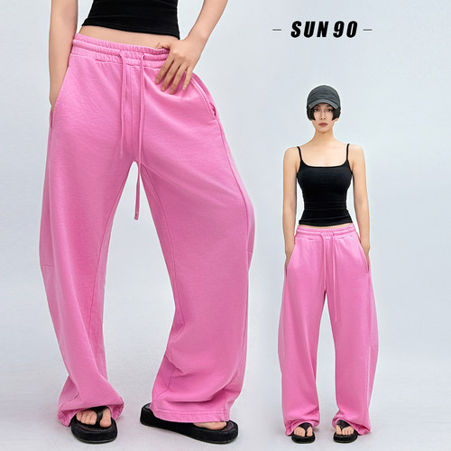 美式复古粉色系带弯刀裤女遛弯裤