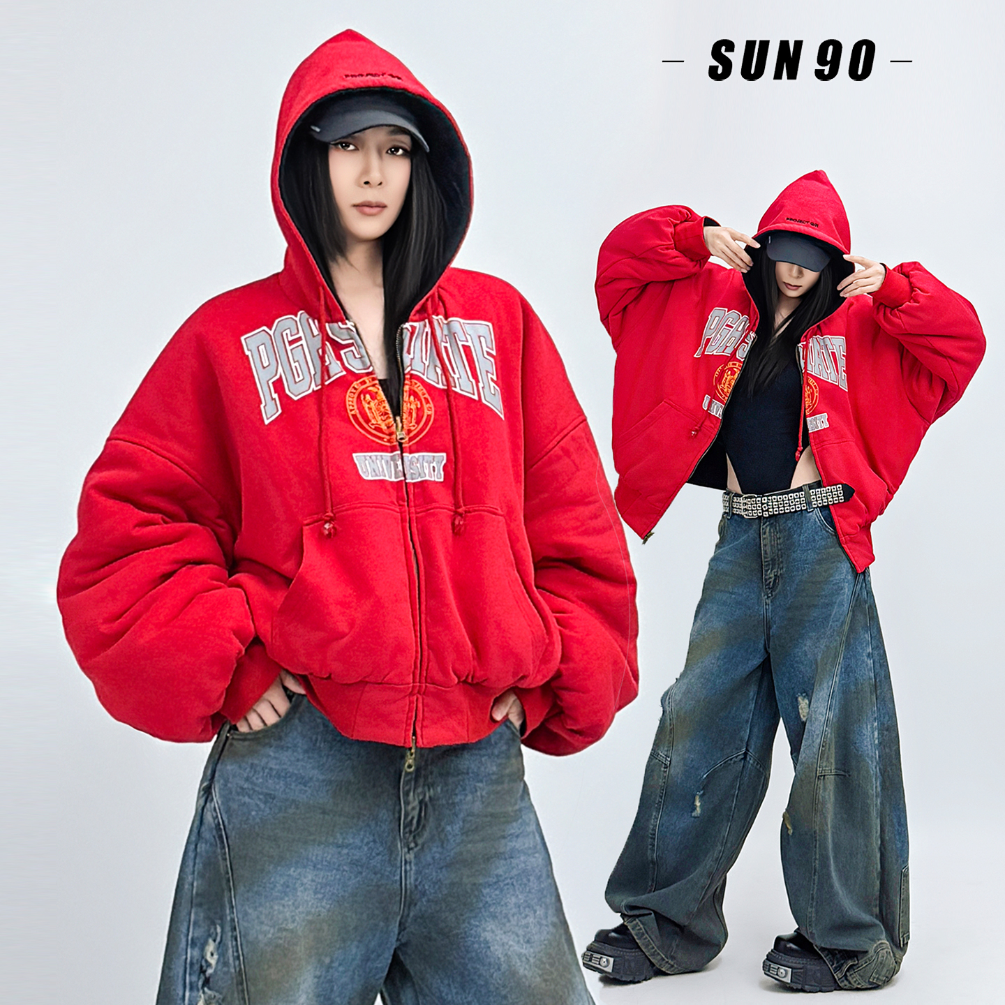 美式红色棒球面包棉服女两面穿