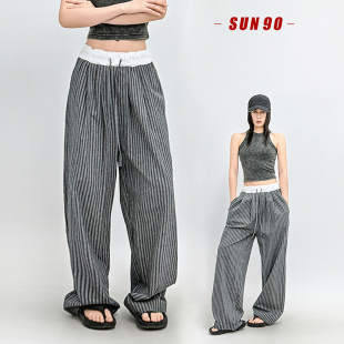 棉麻休闲裤 女宽松夏季 日系松弛感慵懒风黑白格纹垂感拖地裤 SUN90