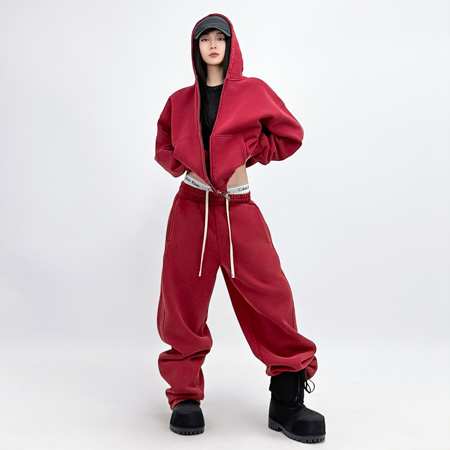 SUN90美式复古辣妹风拉链连帽卫衣宽松卫裤加绒懒人舒适红套装女,女装/女士精品,时尚套装,淘宝优惠券,粉丝福利购,淘宝优惠卷