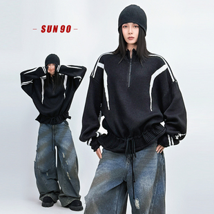 毛衣潮 复古慵懒风廓形半拉链毛衣女宽松套头无性别长袖 SUN90 美式