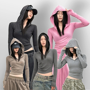 女修身 打底衫 显瘦正肩T恤 复古辣妹沙丘美学做旧连帽长袖 SUN90美式