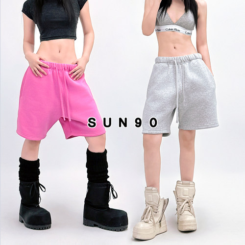 SUN90复古Y2K玫粉加绒五分卫裤