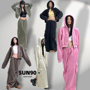 复古连帽卫衣甜辣风古着加厚拉链短外套开叉半身裙套装 SUN90 美式