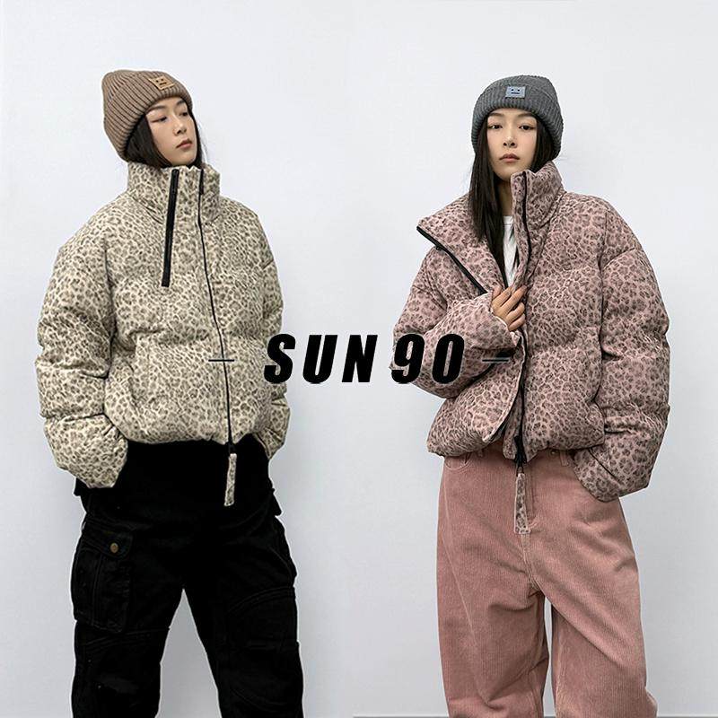 SUN90小众设计粉色豹纹羽绒服女小个子短款立领云朵面包服短外套