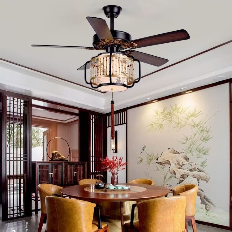 中式茶馆吊扇灯木叶风扇灯家用电