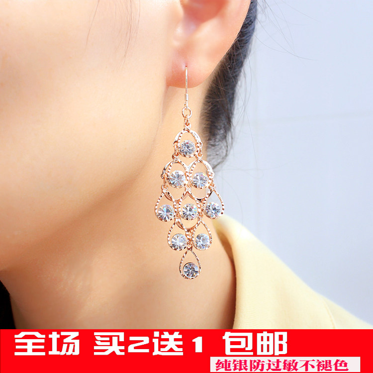 纯银女长款锆石耳环防过敏不褪色