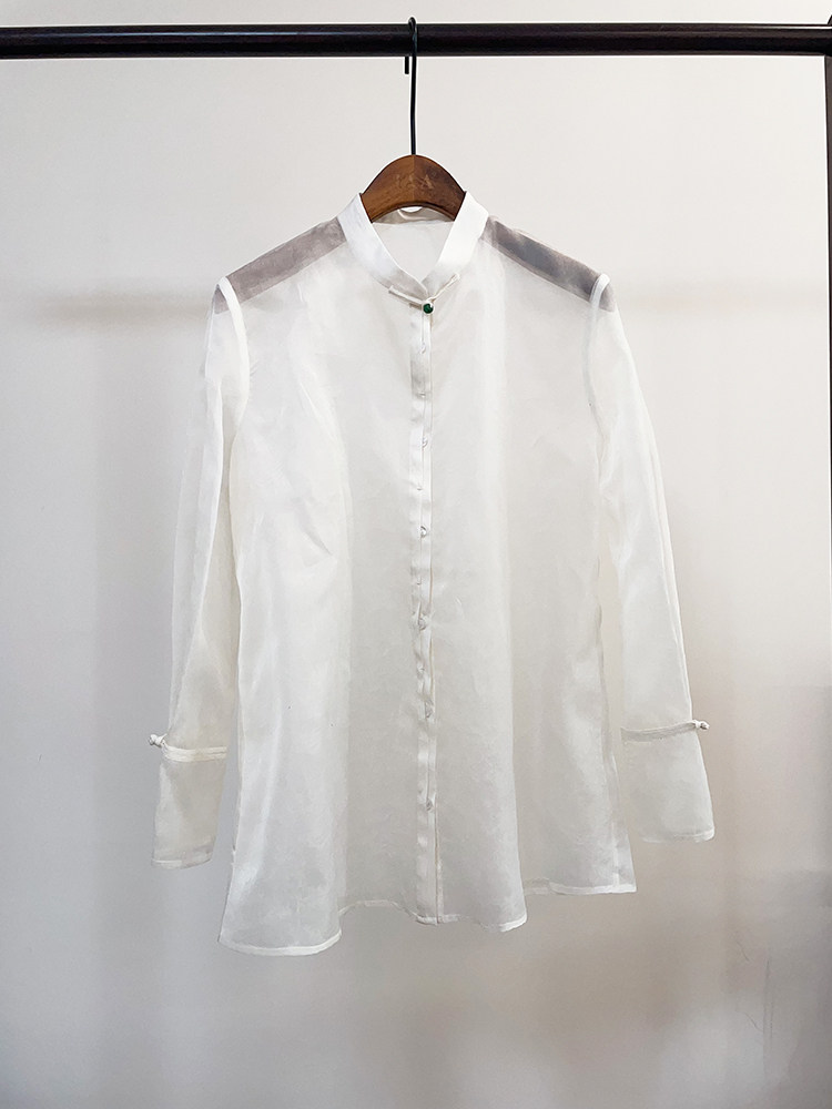 春夏款 百搭新中式真丝提花欧根纱盘扣打底衬衫衬衣方式衣上衣女