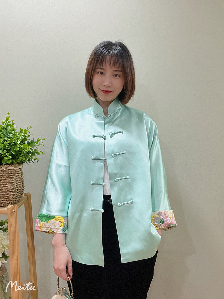 中国风 秋冬新款丝滑垂感袖口拼接盘扣对襟汉服唐装上衣外套棉女