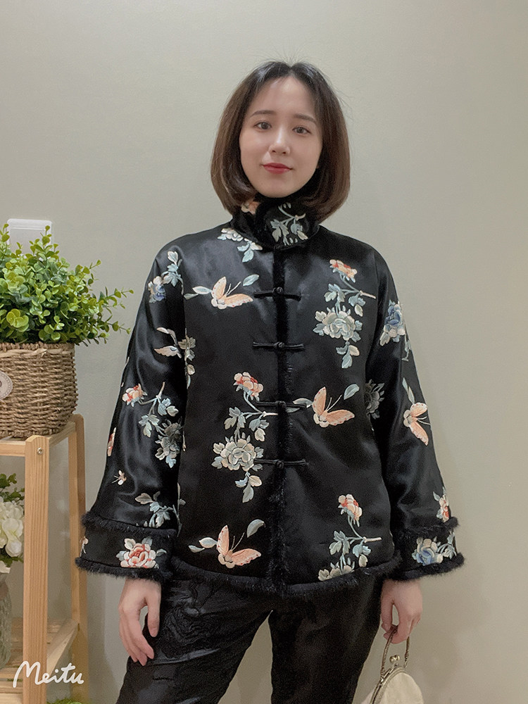 蝶恋花 复古中式刺绣花盘扣水貂毛高立领唐装上衣外套棉衣棉袄女
