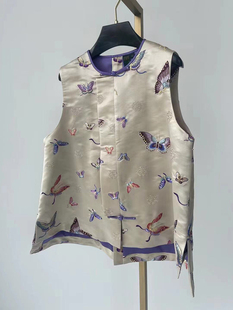 原创定制 中式复古真丝素库缎蝴蝶刺绣花圆领宽松马甲上衣女