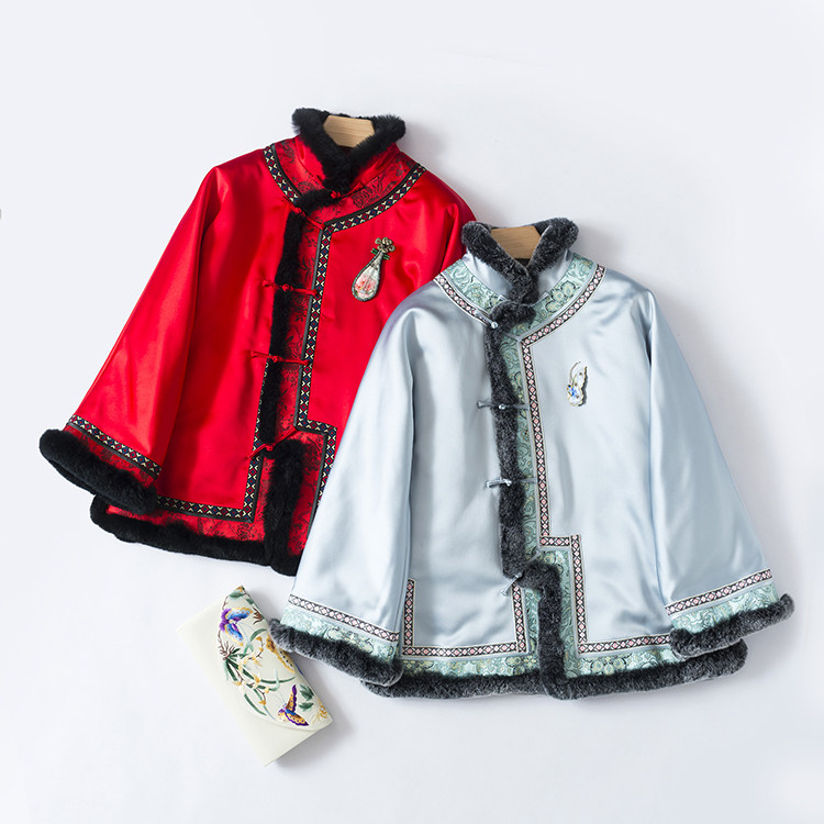 大宅门升级版 中式复古相拼偏门襟濑兔毛盘扣棉服唐装旗袍上衣女