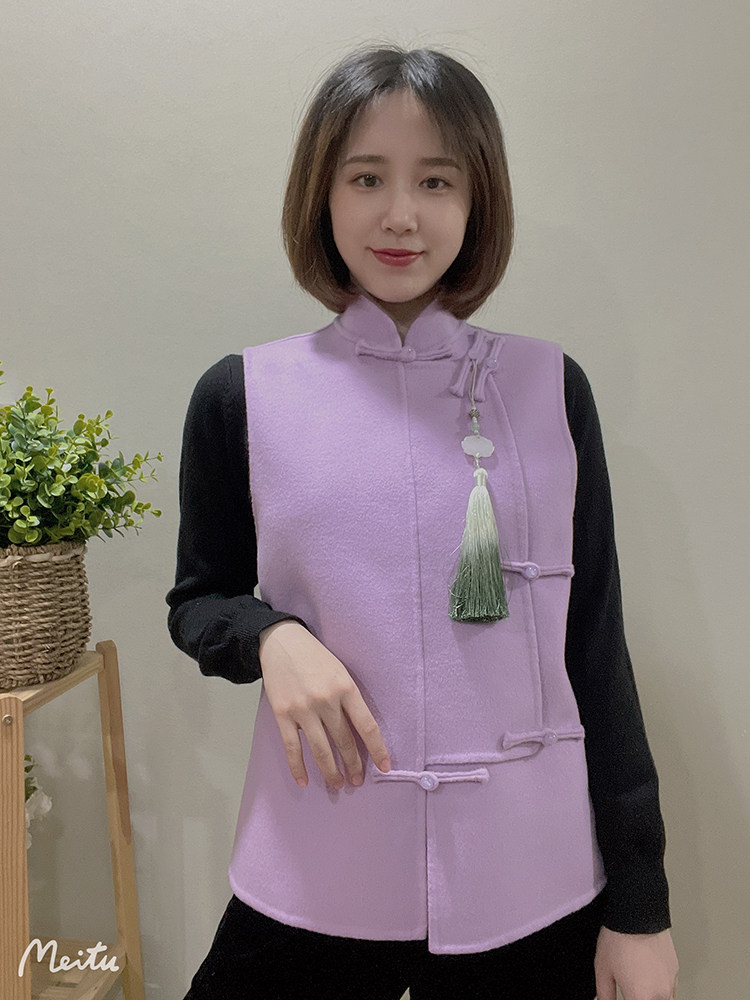 古风美 新中式进口双面全羊毛斜襟玉扣无袖背心宽松马甲上衣女