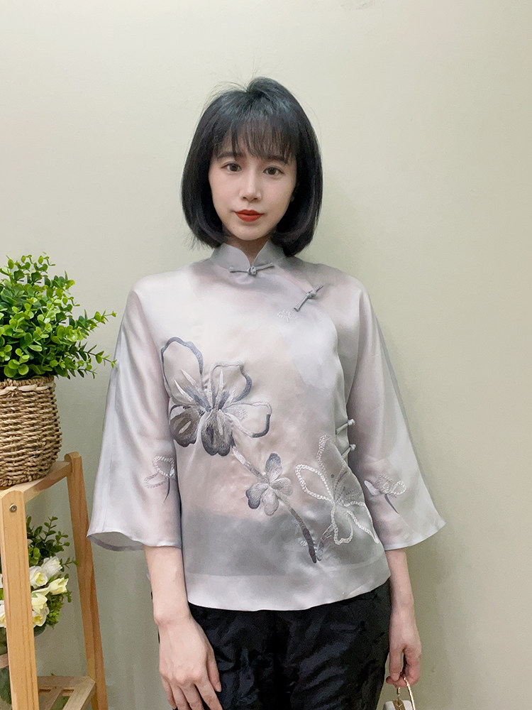2023夏季新款真丝欧根纱旗袍上衣