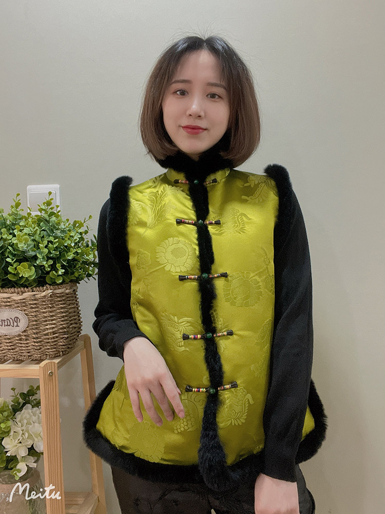 秋冬新款 复古中式真丝桑蚕丝濑兔毛短款无袖背心棉马甲唐装上衣