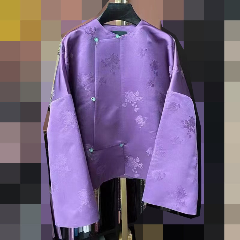 紫罗兰 新中式真丝桑蚕丝偏门襟玉扣圆领宽松唐装汉服旗袍上衣