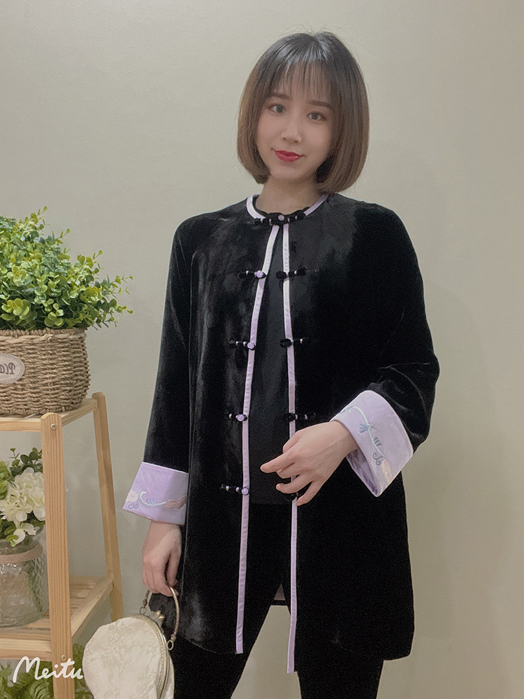 秋冬新款 中式复古真丝丝绒袖口绣花拼接圆领中长款上衣棉服外套