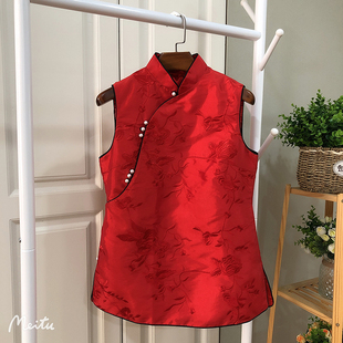 过年喜庆本命年 中式复古满身绣花珍珠扣旗袍上衣背心棉马甲女