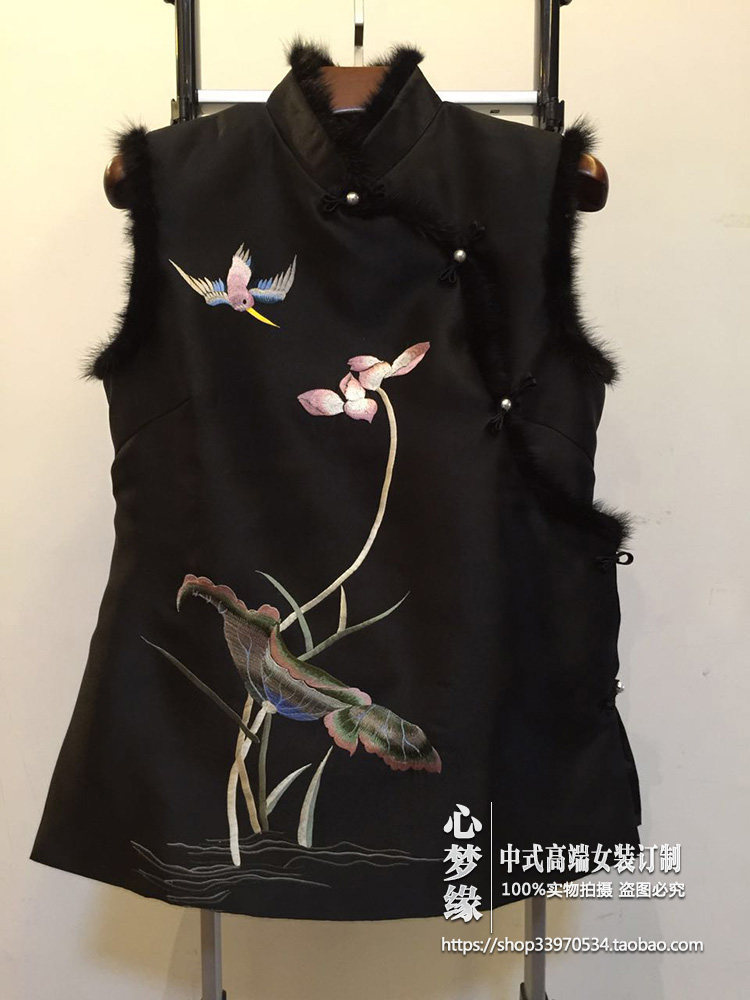 春秋款立领斜襟无袖水貂毛棉袄