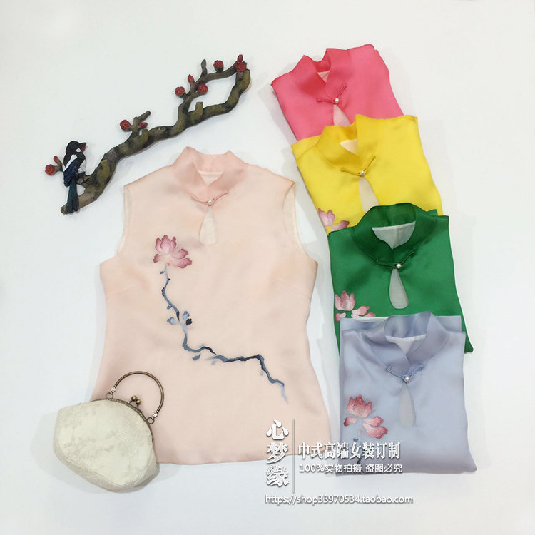 中式真丝绣花立领水滴领无袖夏季短款上衣背心马甲女