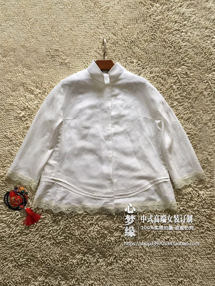 春秋高支苎麻蕾丝拼边女百搭衬衫