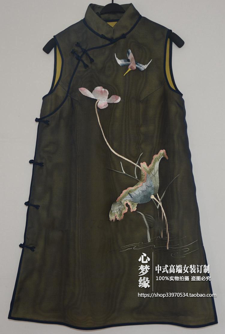 中式旗袍斜襟中式真丝绡背心欧根纱纯手工刺绣盘扣中式连衣裙女装