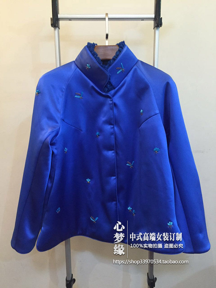 冬季新品 中式手工刺绣蕾丝立领重磅真丝缎棉服棉袄女装加棉上衣