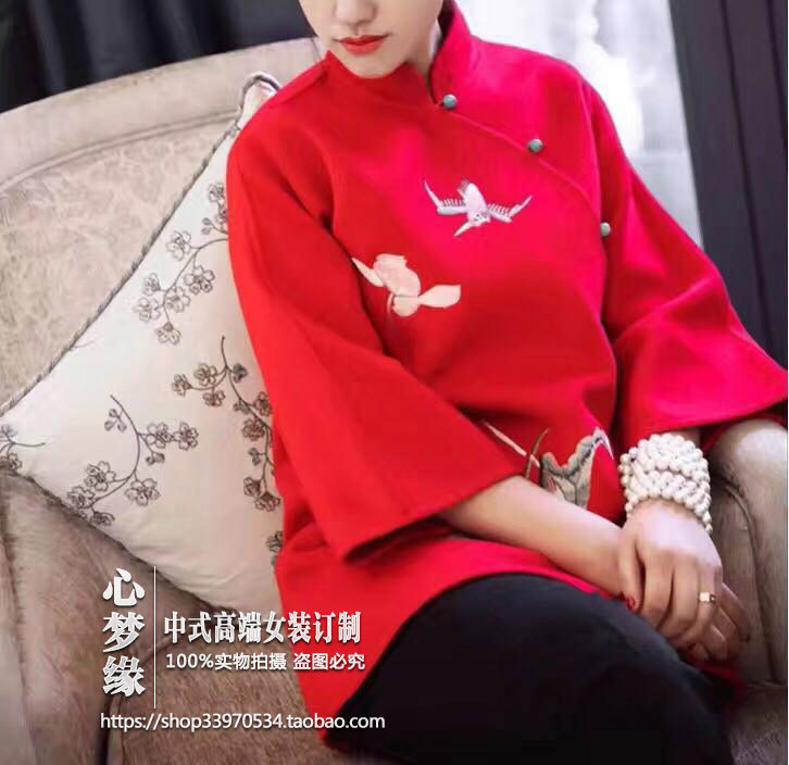 夏姿风 复古中式绣花双面羊绒毛呢手工改良旗袍玉扣斜襟女装上衣