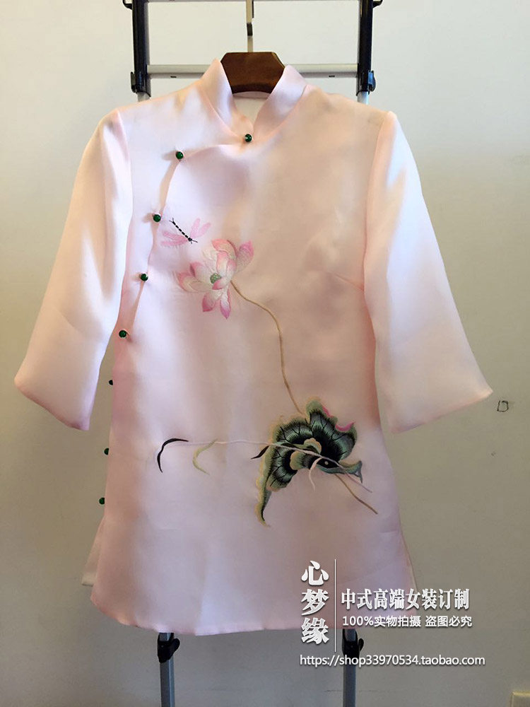 原创设计风真丝荷花玉扣中长上衣