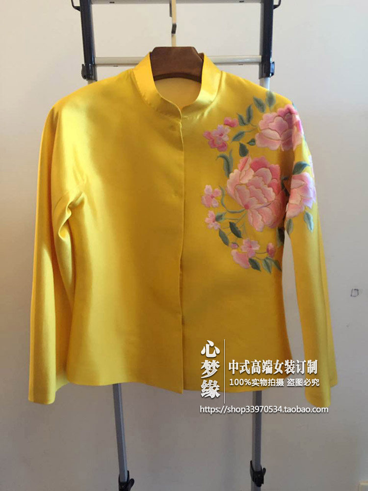 多色定制 中式真丝丝毛前后牡丹绣花立领开襟短款上衣女装外套