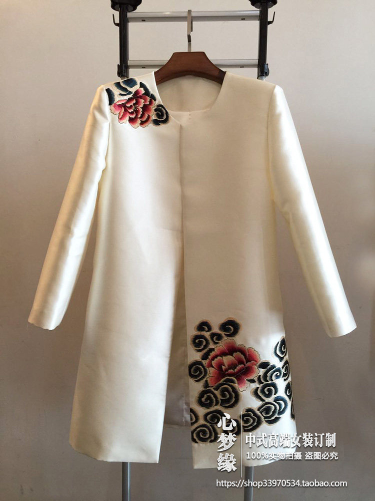 原创定制春季中式圆领新款绣花开襟汉服唐装中长款上衣外套风衣女