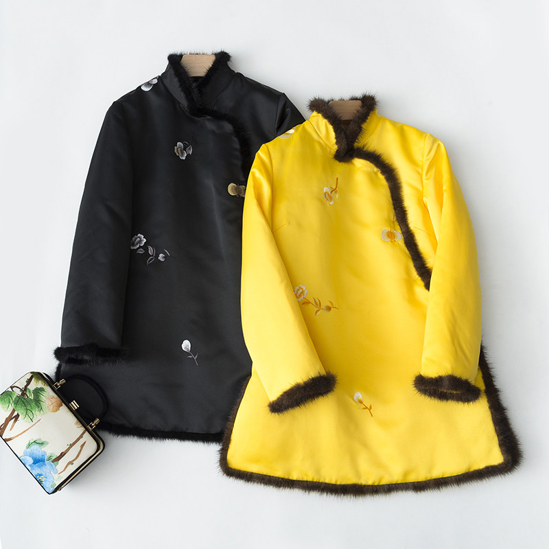 冬装新款水貂毛棉服绣花旗袍上衣