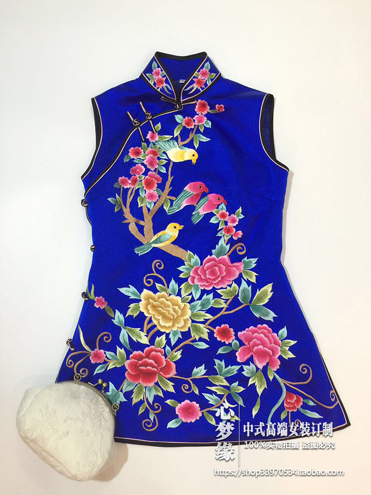 中式立领百鸟绣花斜襟重磅真丝修身旗袍加棉无袖马甲棉袄上衣