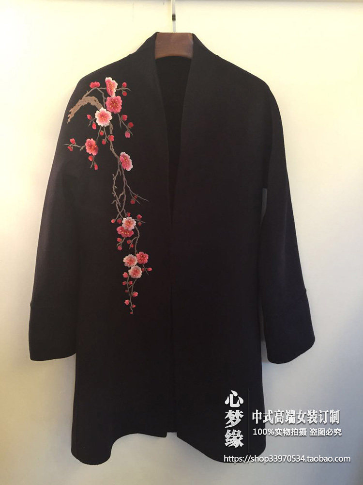 高端定制 中式秋冬绣花长袖中长款双面羊绒开衫女装大衣风衣外套