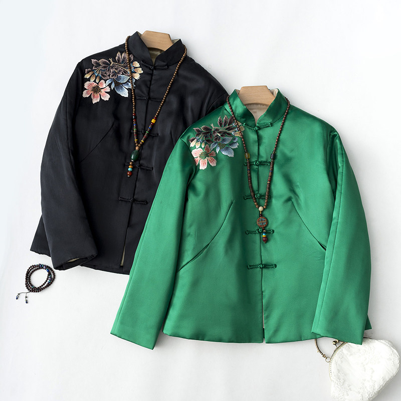 复古唐装 中国风前后绣花真丝盘扣立领开襟上衣外套棉袄冬季茶服