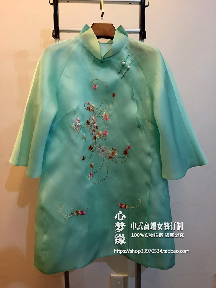 2016春夏款中式改良立领旗袍连衣裙上衣真丝宽松大码绣花玉扣女装