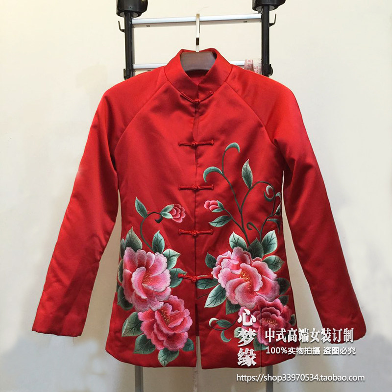 拜年新装 中式重磅真丝缎大牡丹绣花开襟盘扣复古棉袄大红上衣