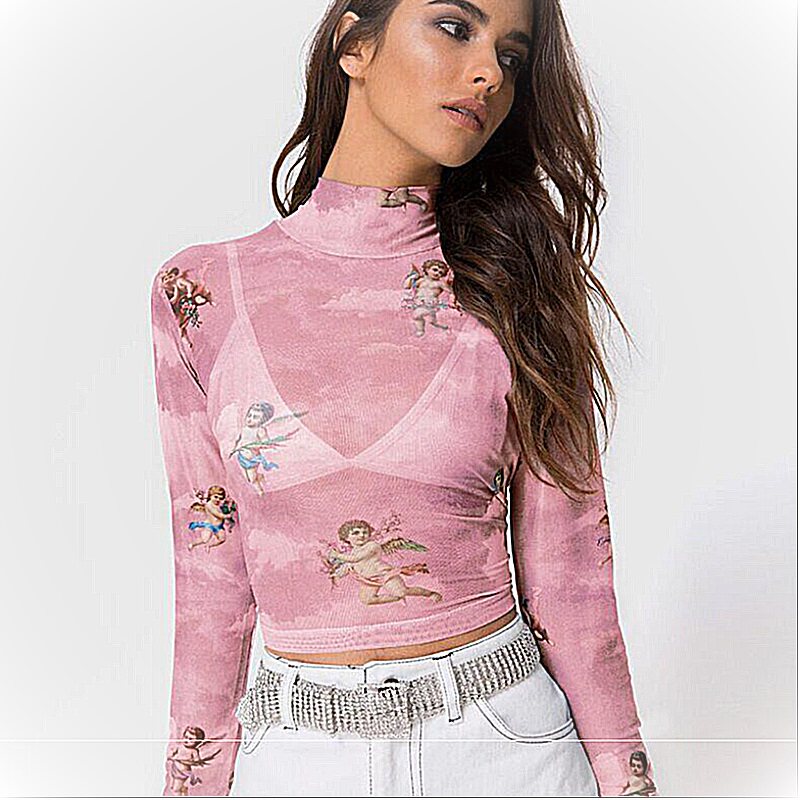 See-through net yarn little angel print long-sleeved T-shirt|ruв категории Женская одежда, женской одежды - от Buy2taobao.com для оказания профессиональной услуги покупки агента Taobao